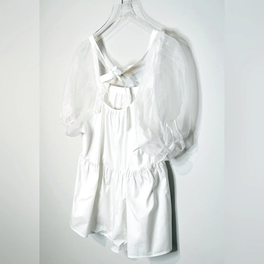 Tuckernuck Pomander Place Tinsley Organza Puff Sleeve White Top Shirt Blouse L - Picture 8 of 12